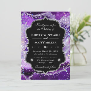 Invitation Mariage Élégant Pailleté Agate Violet et Argent