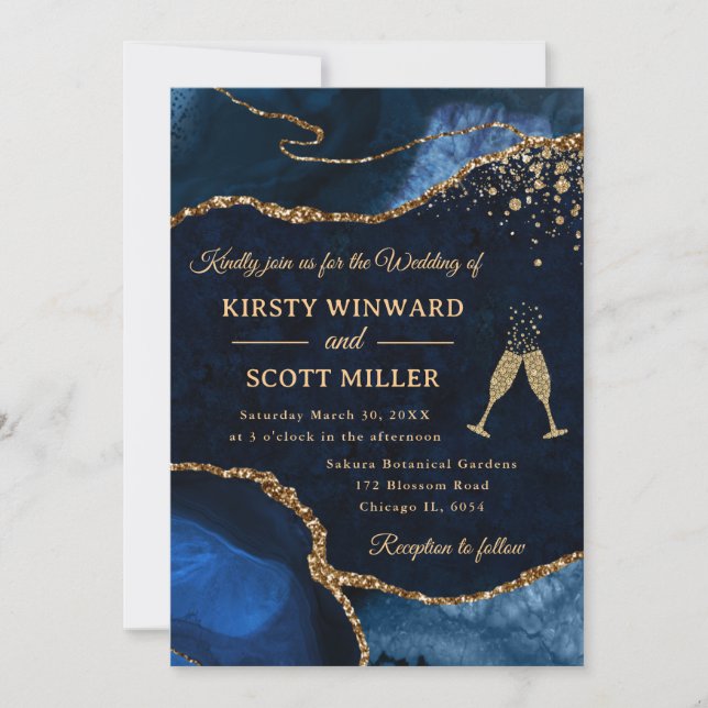 Invitation Mariage élégant pailleté de bleu et d'or Agate (Devant)