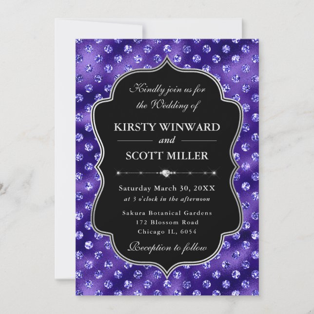 Invitation Mariage Élégant Pailleté Points Violet Glam (Devant)