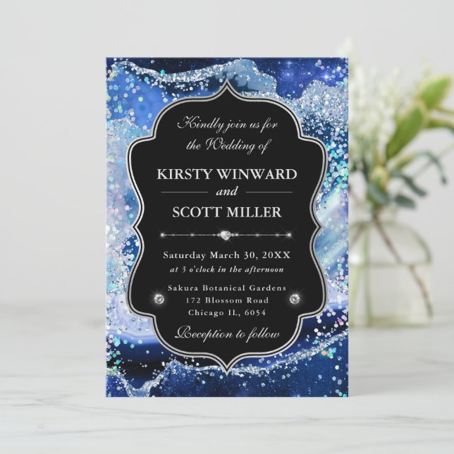 Invitation Mariage Élégant Paillettes Agate Bleu & Argent (Debout devant)