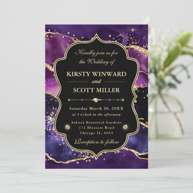 Invitation Mariage Élégant Paillettes Agate Violet Accents Do (Debout devant)