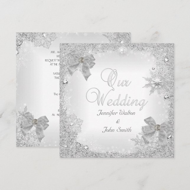 Invitation Mariage Élégant Paillettes Argent Blanc Ruban (Devant / Derrière)