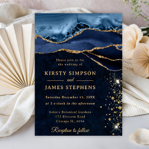 Invitation Mariage Élégant Paillettes Bleu et Or Agate