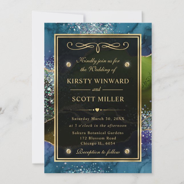 Invitation Mariage Élégant Paillettes Bleu, Vert et Or Agate (Devant)