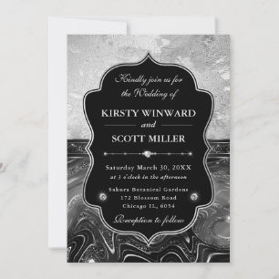 Invitation Mariage Élégant Paillettes Noir et Argent