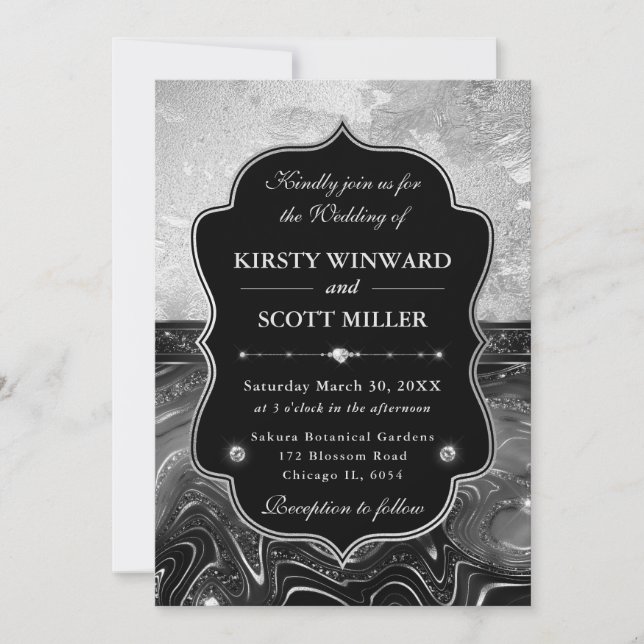 Invitation Mariage Élégant Paillettes Noir et Argent (Devant)