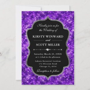 Invitation Mariage Élégant Paillettes Scintillantes Glam Viol