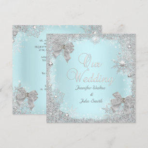 Invitation Mariage Élégant Paillettes Turquoise Argent Blanc 