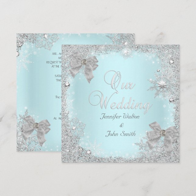 Invitation Mariage Élégant Paillettes Turquoise Argent Blanc  (Devant / Derrière)