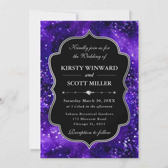 Invitation Mariage Élégant Paillettes Violet Scintillant (Devant)