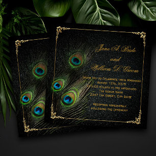 Invitation Mariage élégant Paon Noir et Or