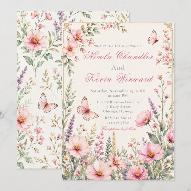 Invitation Mariage élégant papillon floral (Devant / Derrière)