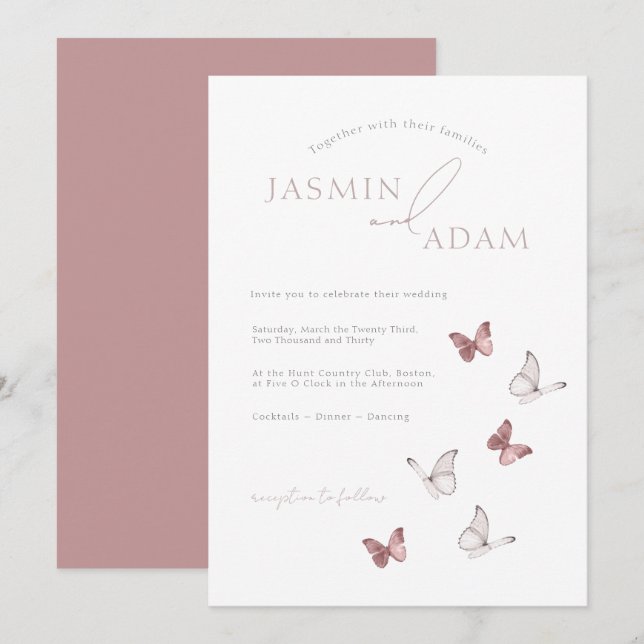 Invitation Mariage élégant papillon rose (Devant / Derrière)
