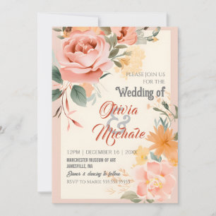 Invitation Mariage élégant Pastel Rose Orange Cadre Floral