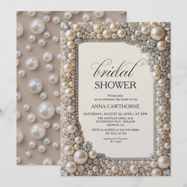 Invitation Mariage Élégant Perles Moderne (Devant / Derrière)