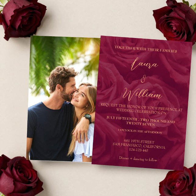 Invitation Mariage élégant photo bordeaux et or (Créateur téléchargé)
