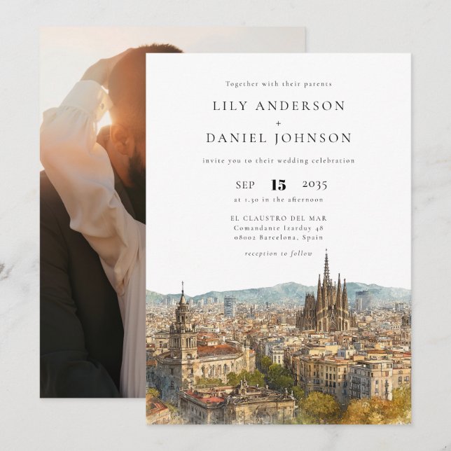 Invitation Mariage Élégant Photo Destination Barcelone (Devant / Derrière)