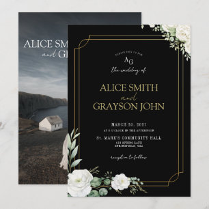 Invitation Mariage Élégant Photo Florale Noir et Or