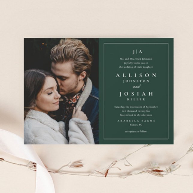 Invitation Mariage Élégant Photo Monogramme Classique (Elegant Dark Green Photo Wedding Invitation.)