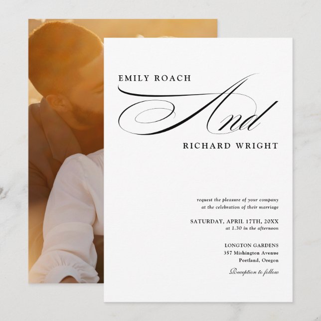 Invitation Mariage Élégant Photo Script Noir Et Blanc (Devant / Derrière)