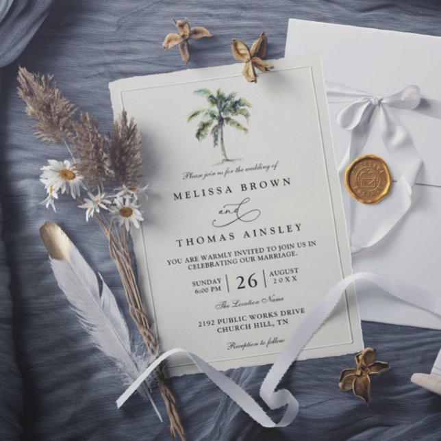 Invitation Mariage Élégant Plage Tropicale Palmier Minimalist (Créateur téléchargé)