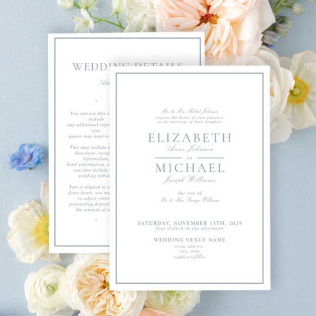 Invitation Mariage Élégant Poussiéreux Bleu Classique avec Dé (Créateur téléchargé)
