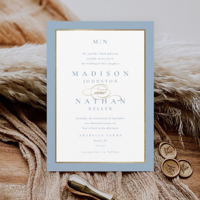 Invitation Mariage élégant poussiéreux bleu et or (Créateur téléchargé)
