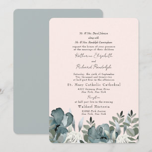 Invitation Mariage Élégant Poussiéreux Bleu Floral & Blush