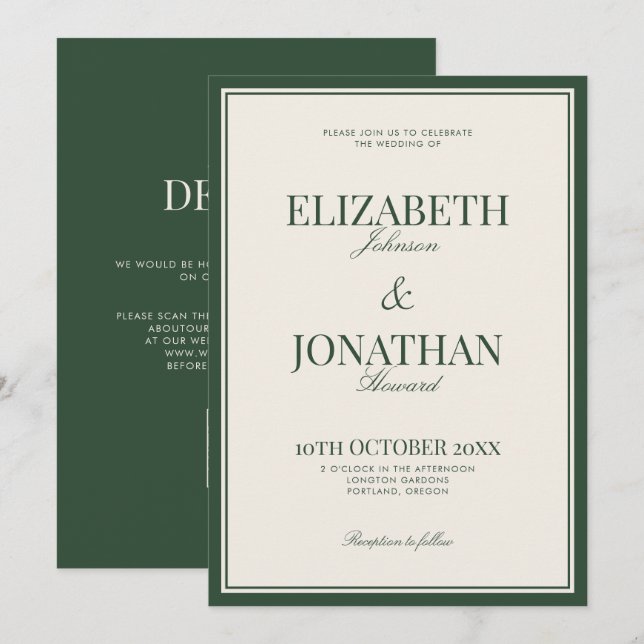 Invitation Mariage élégant QR Code Argent ancien vert Classiq (Devant / Derrière)