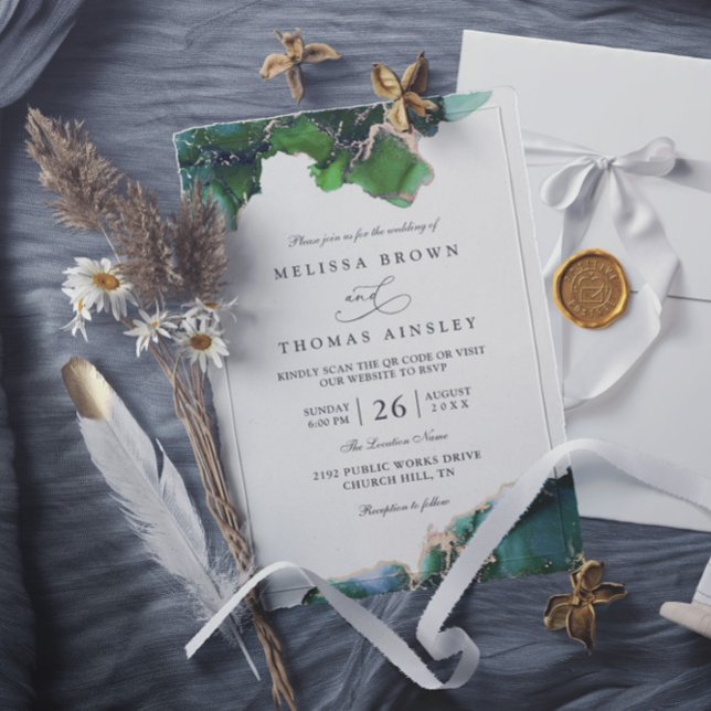 Invitation Mariage élégant QR Code Marée émeraude verte (Créateur téléchargé)