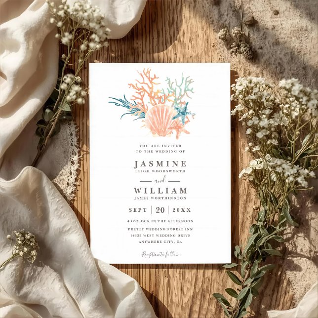 Invitation Mariage élégant QR Code Récif de corail de mer Océ (Créateur téléchargé)