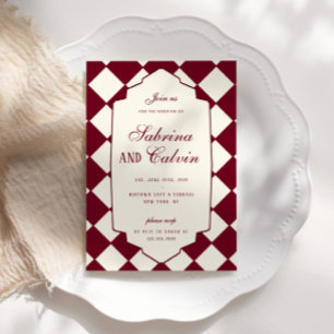 Invitation Mariage Élégant Rétro à Carreaux Bordeaux