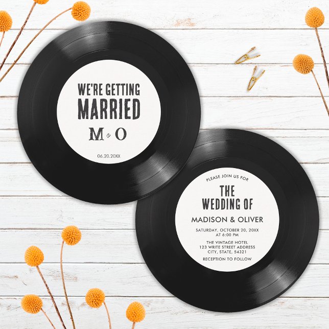 Invitation Mariage Élégant Rétro sur Vinyle Noir et Blanc (Front/Back)