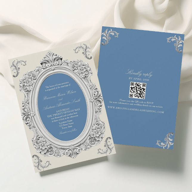 Invitation Mariage élégant rococo poussiéreux bleu (Créateur téléchargé)