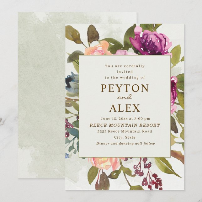 Invitation Mariage Élégant Romantique Abricot Prune Vert Saug (Devant / Derrière)