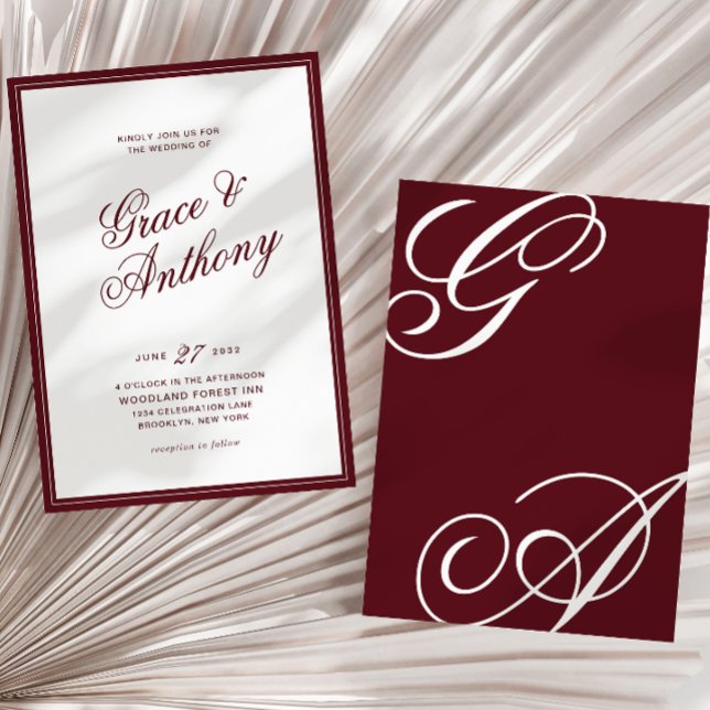 Invitation Mariage élégant romantique monogramme bordeaux pro (Créateur téléchargé)