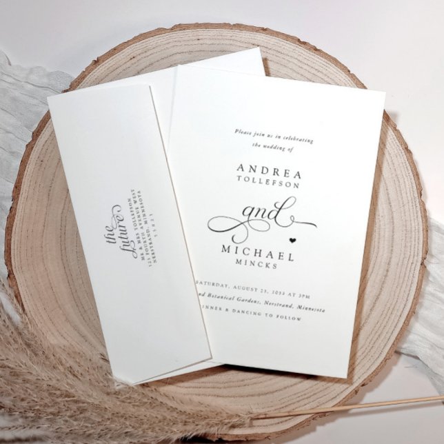 Invitation Mariage Élégant Romantique Tout en Un (Simple modern wedding invitation with heart and details with qr code on the back)