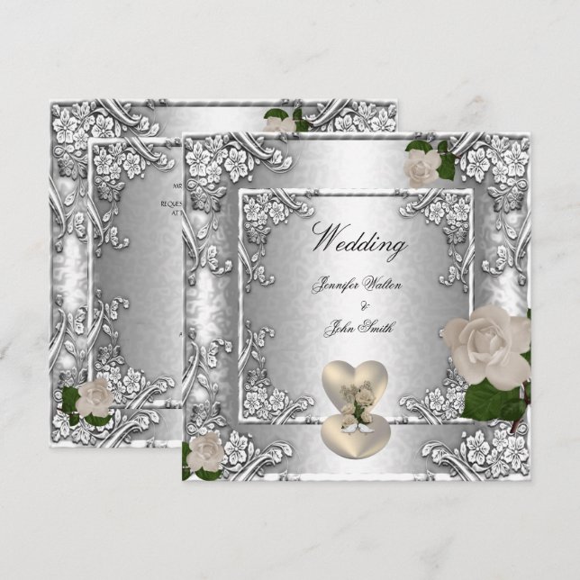 Invitation Mariage Élégant Rose Argent Blanc (Devant / Derrière)