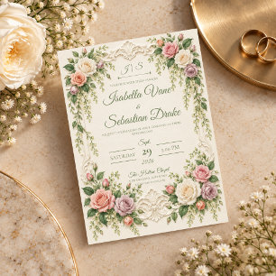 Invitation Mariage Élégant Rose Baroque Rouge Clair