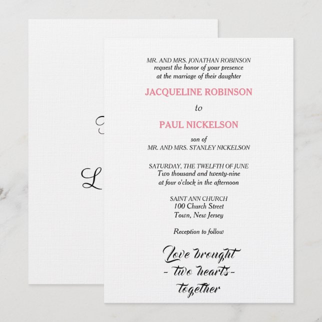 Invitation Mariage Élégant Rose Blanc Deux Cœurs (Devant / Derrière)