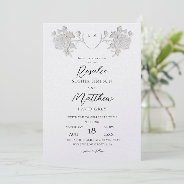 Invitation Mariage Élégant Rose Blanche & Noir (Debout devant)