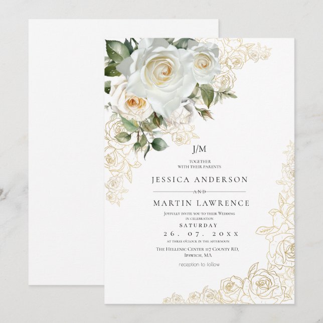 Invitation Mariage Élégant Rose Blanche Or  (Devant / Derrière)