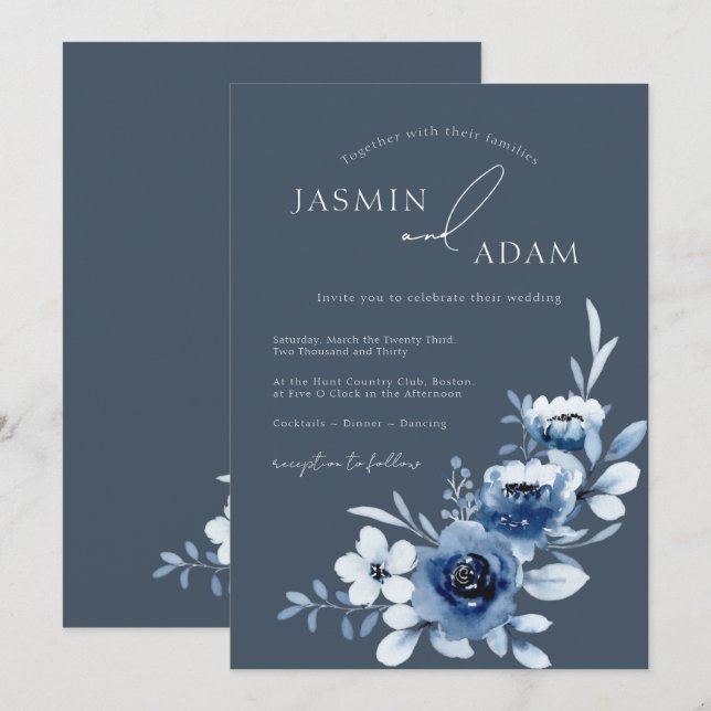 Invitation Mariage Élégant Rose Bleu Ardoise (Devant / Derrière)