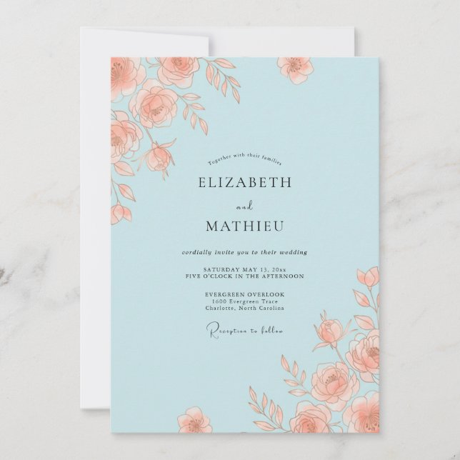 Invitation Mariage Élégant Rose Bleu Clair (Devant)