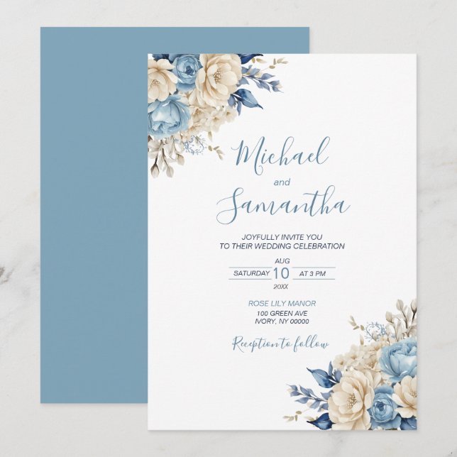 Invitation Mariage Élégant Rose Bleu et Ivoire (Devant / Derrière)