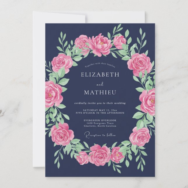 Invitation Mariage Élégant Rose Bleu Marine (Devant)
