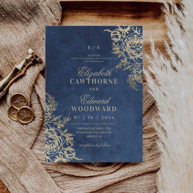 Invitation Mariage Élégant Rose ⎮Bleu Moderne & Or (Créateur téléchargé)