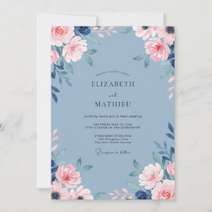 Invitation Mariage Élégant Rose Bleu Poussiéreux