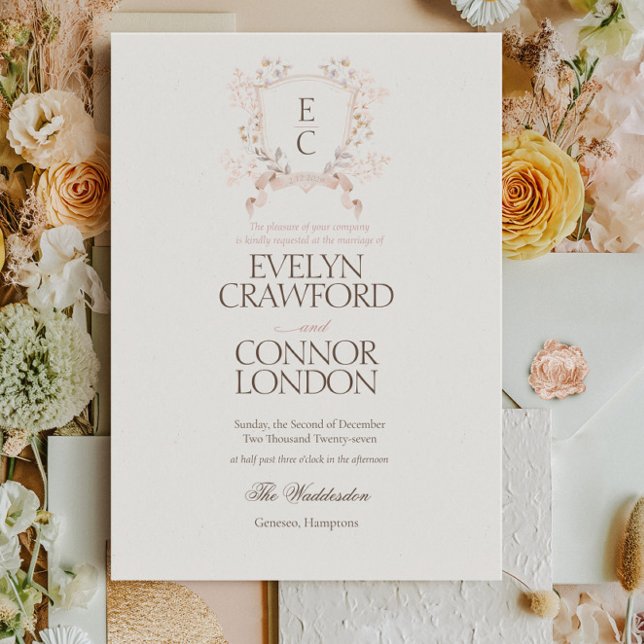 Invitation Mariage Elégant Rose Blush Couronne Florale (Créateur téléchargé)