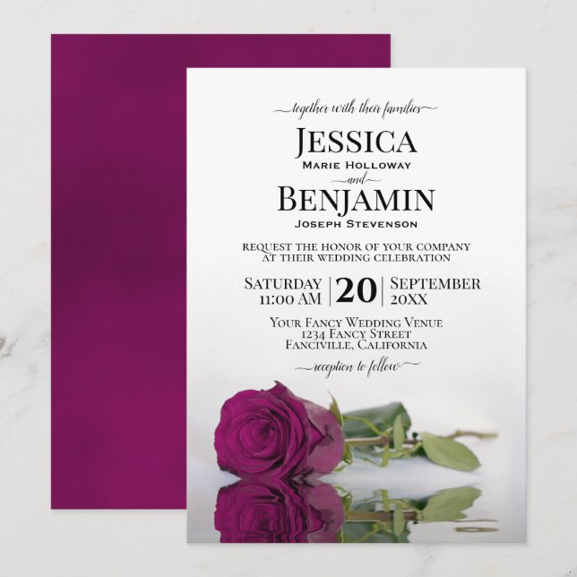 Invitation Mariage Élégant Rose Cassis Violet À Longues Pierr (Devant / Derrière)